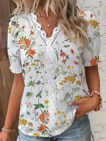 Vivienne | Women's Floral Lace V-Neck Blouse – Floral Print, Lace Detail