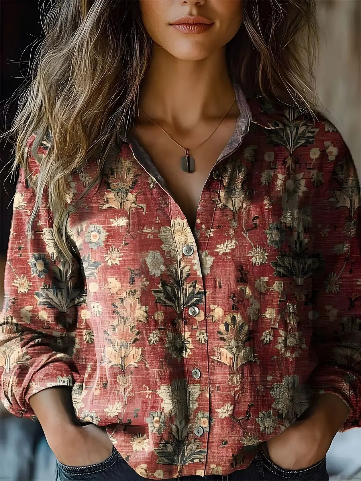 Terri-Lynn | Women's Vintage Floral Print Long Sleeve Button-Down Shirt – Floral Print, Long Sleeve