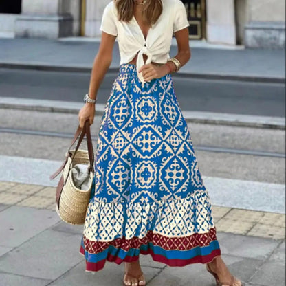Geraldine | Women's Boho Maxi Skirt High Waist Floral Print Ruffle