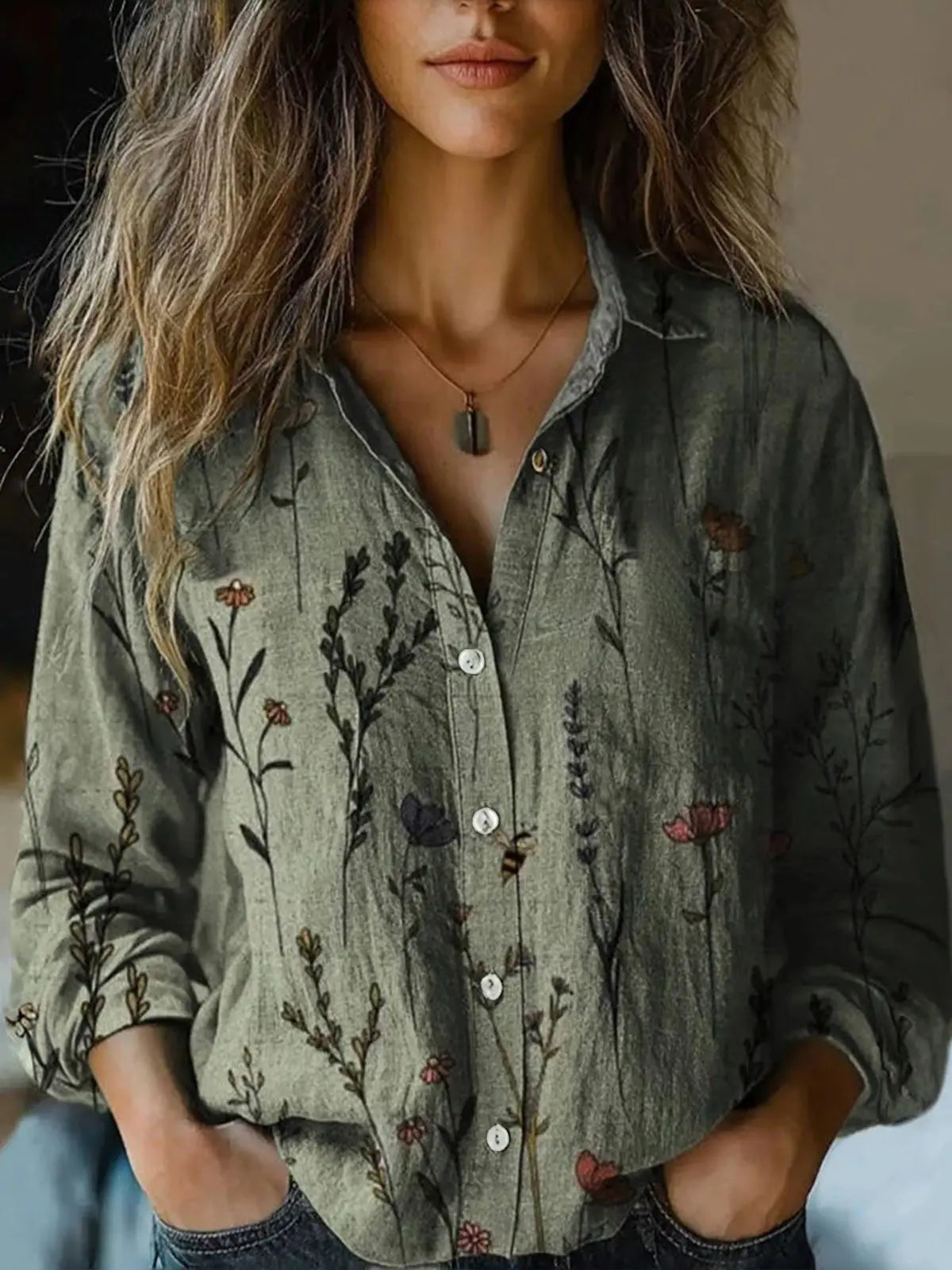 Terri-Lynn | Women's Vintage Floral Print Long Sleeve Button-Down Shirt – Floral Print, Long Sleeve