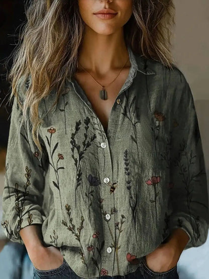Terri-Lynn | Women's Vintage Floral Print Long Sleeve Button-Down Shirt – Floral Print, Long Sleeve