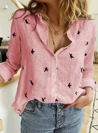 Bethany | Women's Button-Down Shirt Long Sleeve Bird Print Blouse – Casual