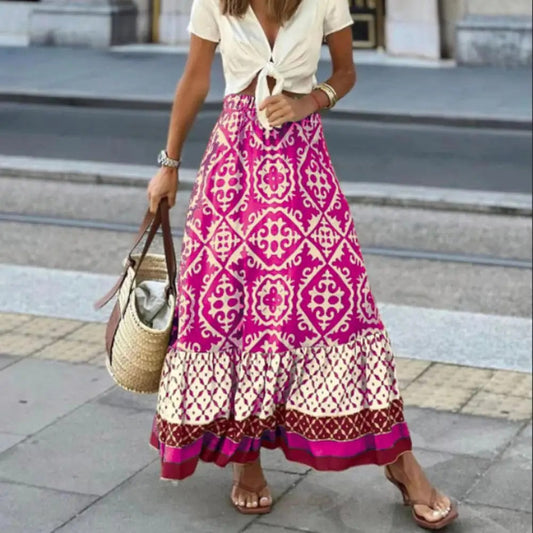 Geraldine | Women's Boho Maxi Skirt High Waist Floral Print Ruffle – Maxi, Floral Print