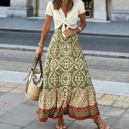 Geraldine | Women's Boho Maxi Skirt High Waist Floral Print Ruffle