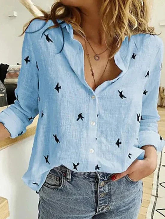 Bethany | Women's Button-Down Shirt Long Sleeve Bird Print Blouse – Casual