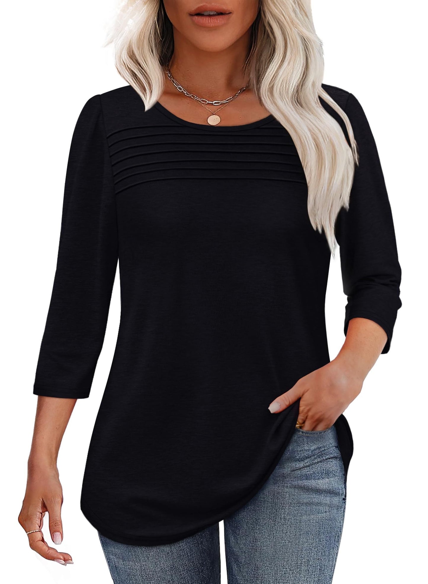 TropicLush | Women's Crew Neck 3/4 Sleeve Pleated Chest Top – Pleated