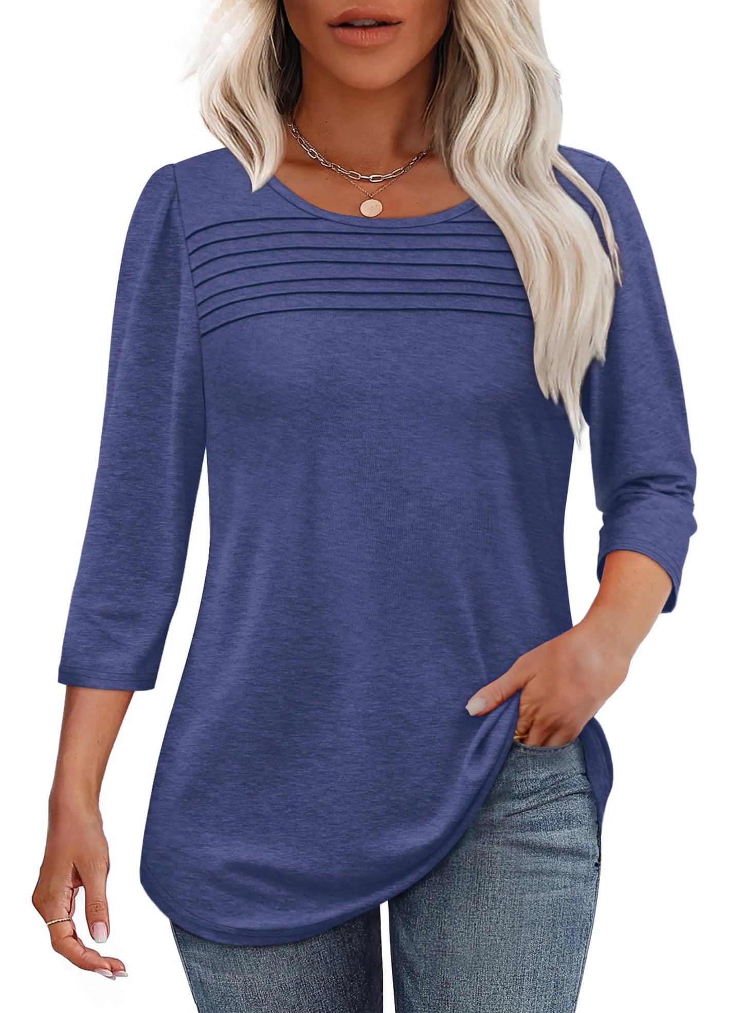 TropicLush | Women's Crew Neck 3/4 Sleeve Pleated Chest Top – Pleated