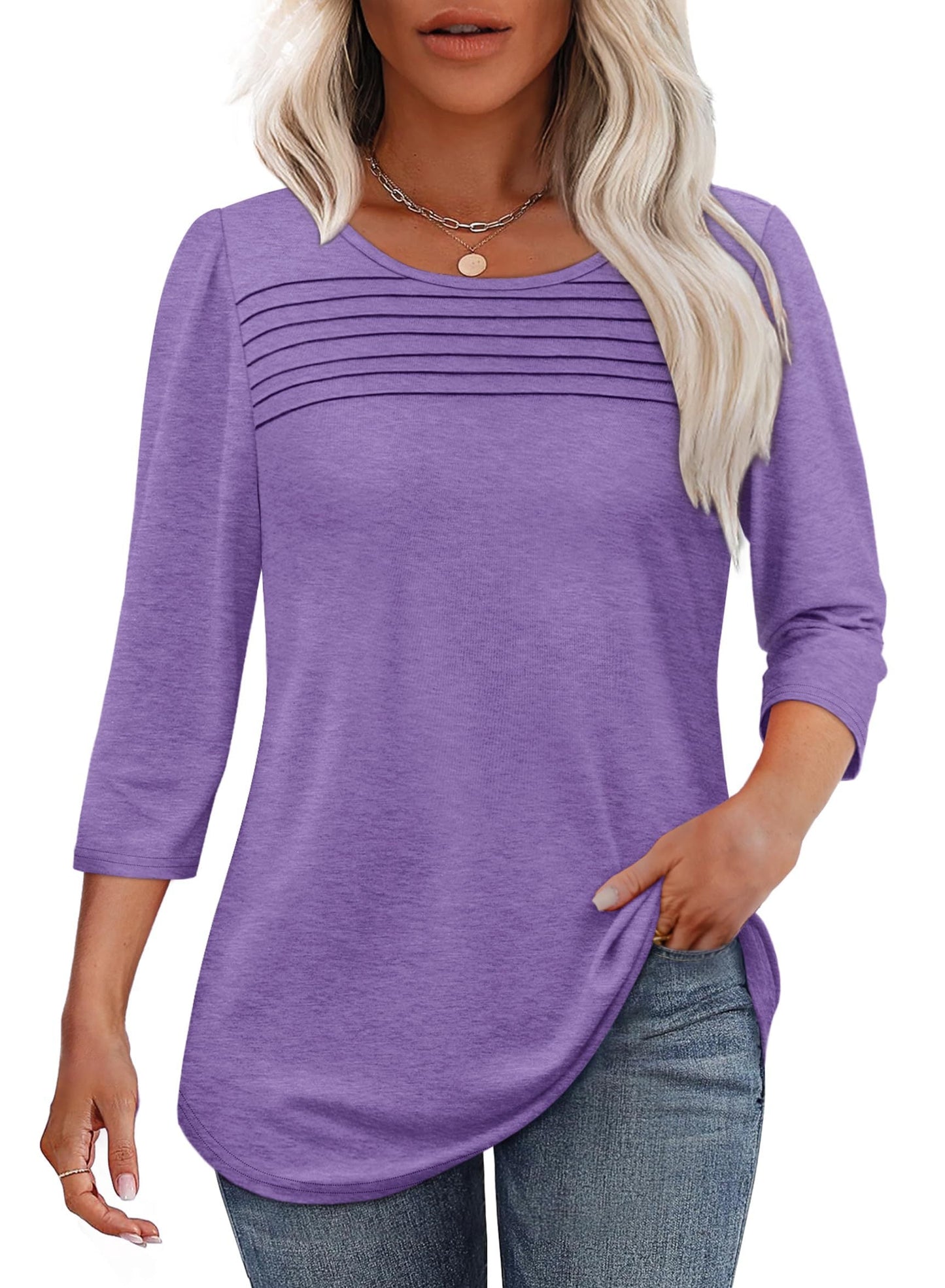 TropicLush | Women's Crew Neck 3/4 Sleeve Pleated Chest Top – Pleated