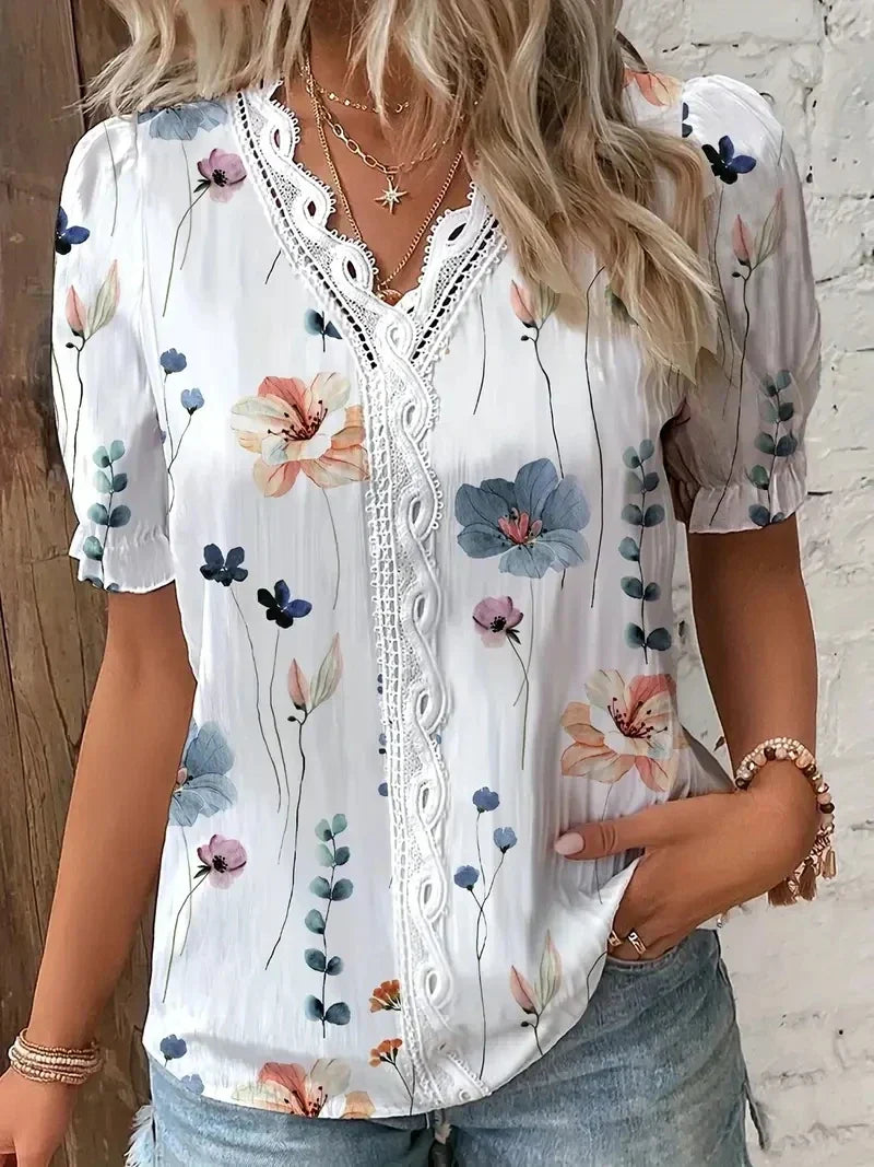 Vivienne | Women's Floral Lace V-Neck Blouse – Floral Print, Lace Detail