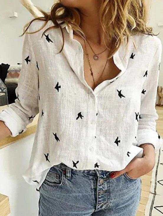 Bethany | Women's Button-Down Shirt Long Sleeve Bird Print Blouse – Casual