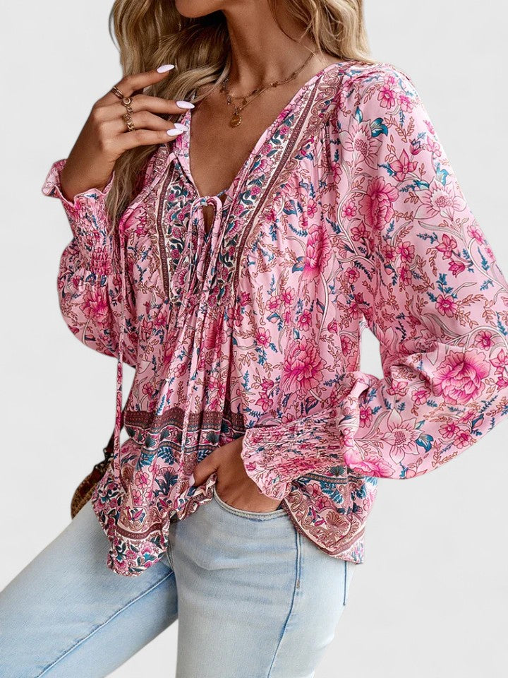 Ava | Women's Floral Boho Blouse V-Neck Puff Sleeve Top – Floral Print