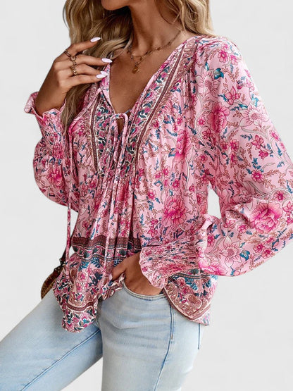 Ava | Women's Floral Boho Blouse V-Neck Puff Sleeve Top – Floral Print