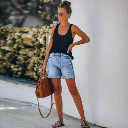 Nicole | Women's High Waist Denim Shorts Distressed Rolled Hem