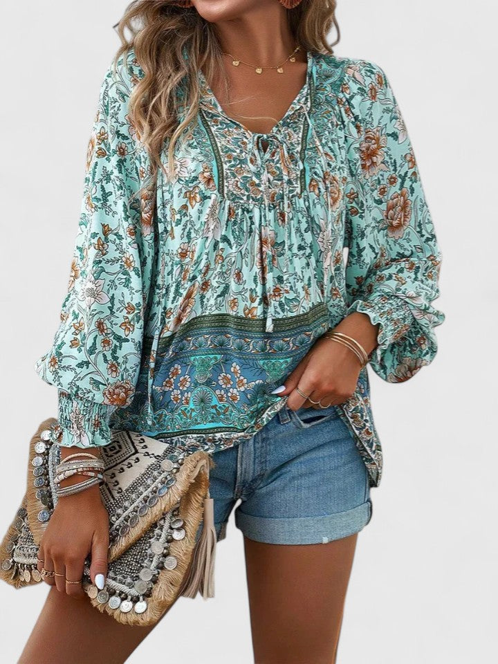 Ava | Women's Floral Boho Blouse V-Neck Puff Sleeve Top – Floral Print