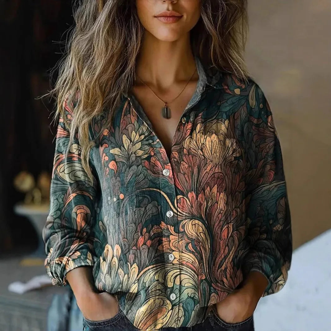 Terri-Lynn | Women's Vintage Floral Print Long Sleeve Button-Down Shirt – Floral Print, Long Sleeve