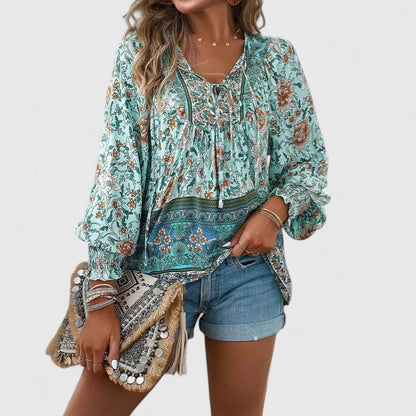 Ava | Women's Floral Boho Blouse V-Neck Puff Sleeve Top – Floral Print