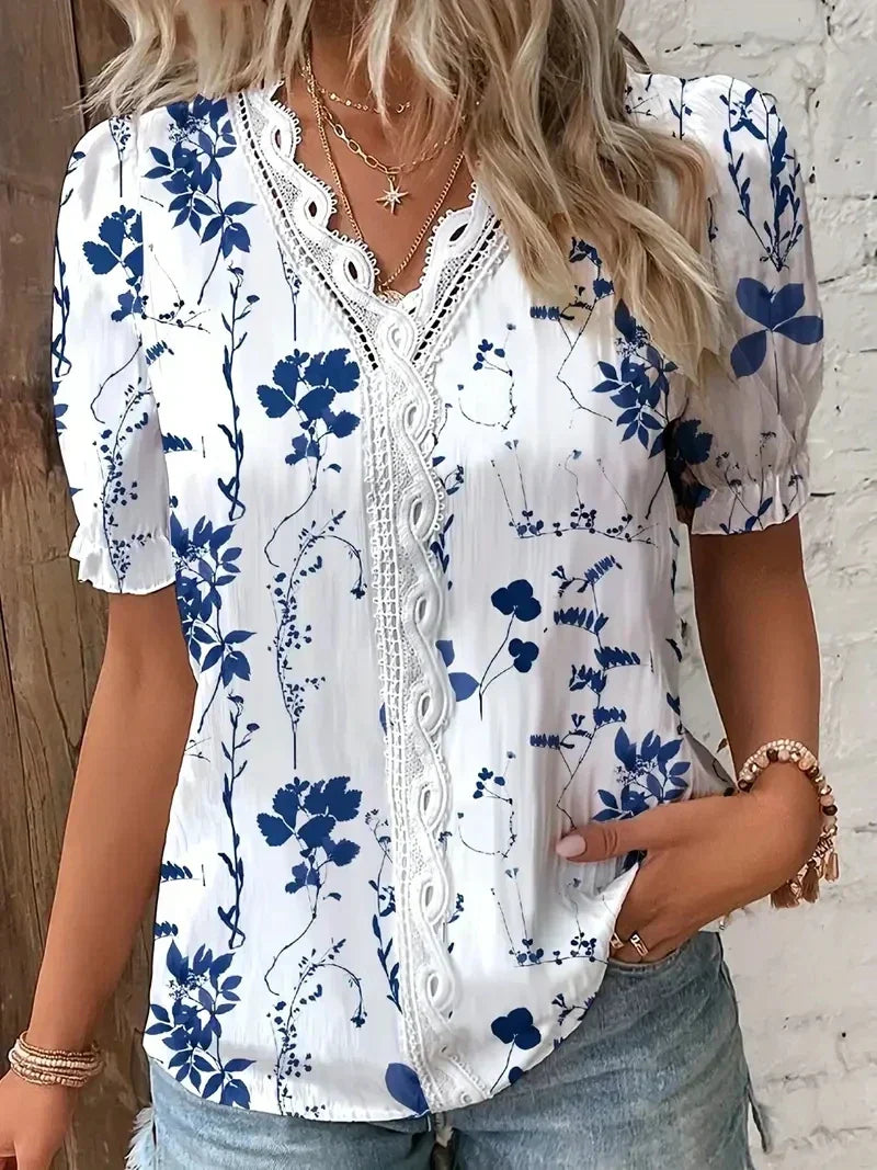 Vivienne | Women's Floral Lace V-Neck Blouse – Floral Print, Lace Detail