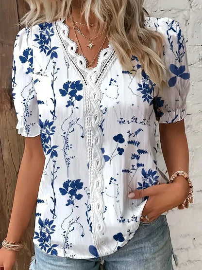 Vivienne | Women's Floral Lace V-Neck Blouse – Floral Print, Lace Detail