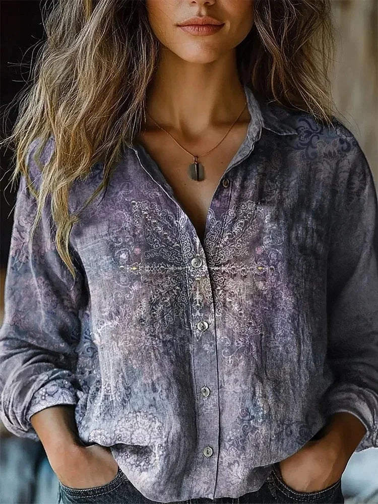 Terri-Lynn | Women's Vintage Floral Print Long Sleeve Button-Down Shirt – Floral Print, Long Sleeve