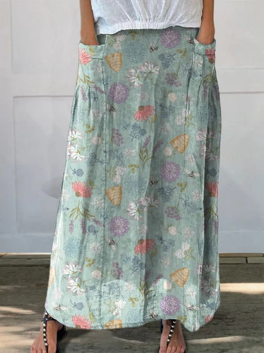 Faith | Women's Blooming Spring Floral And Bumble Bee Pattern Printed Pocket Skirt – Feminine