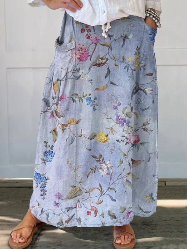 Monroe | Women's Elegant Vintage Blue Print Pocket Skirt – Feminine