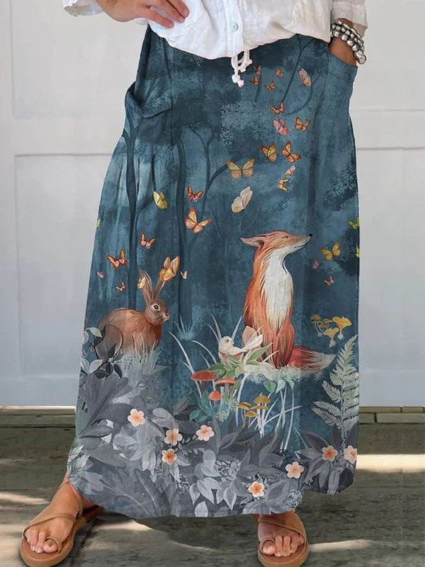 Mia | Women's Vintage Floral Animals Art Print Casual Pocket Skirt