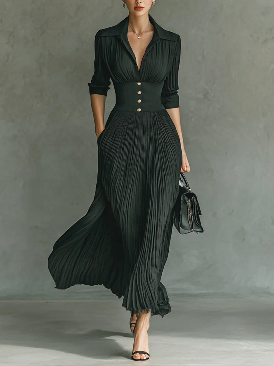 Tamsina | Women's Elegant Pleated Lapel Waist Maxi Dress – Maxi, Pleated