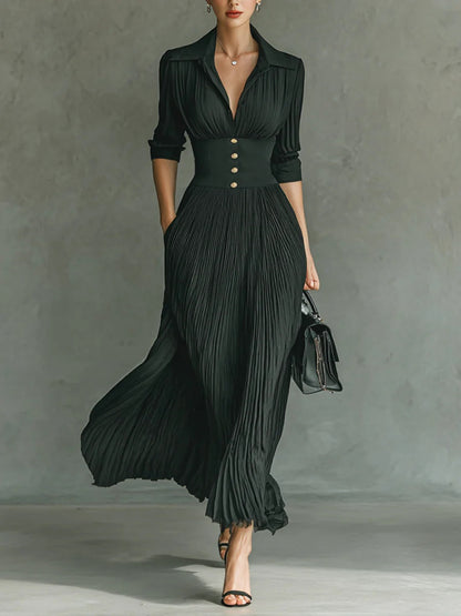 Tamsina | Women's Elegant Pleated Lapel Waist Maxi Dress – Maxi, Pleated