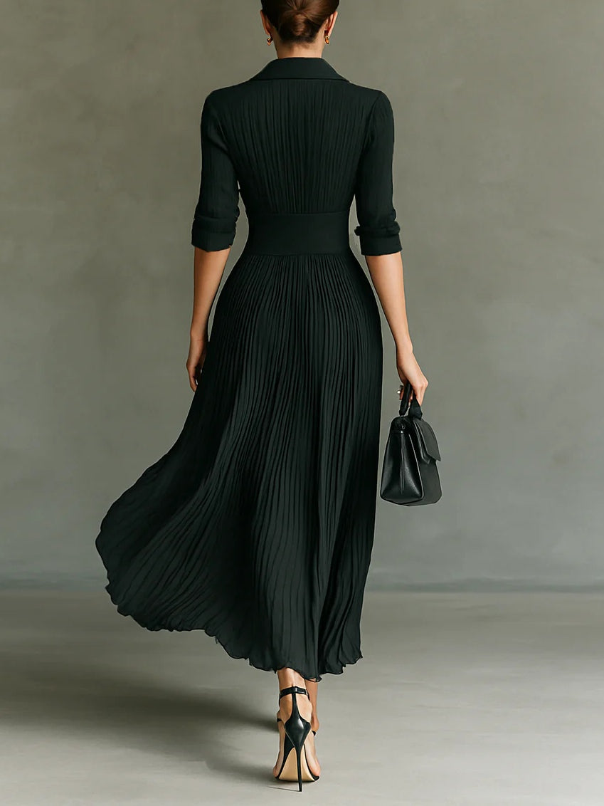 Tamsina | Women's Elegant Pleated Lapel Waist Maxi Dress – Maxi, Pleated