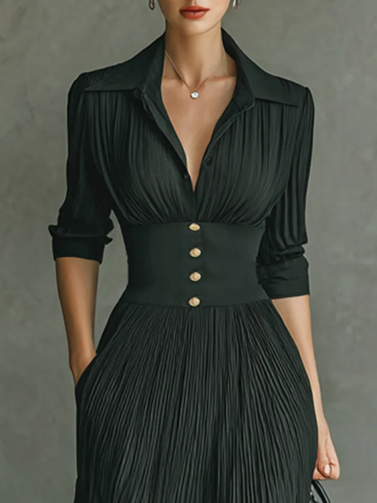 Tamsina | Women's Elegant Pleated Lapel Waist Maxi Dress – Maxi, Pleated
