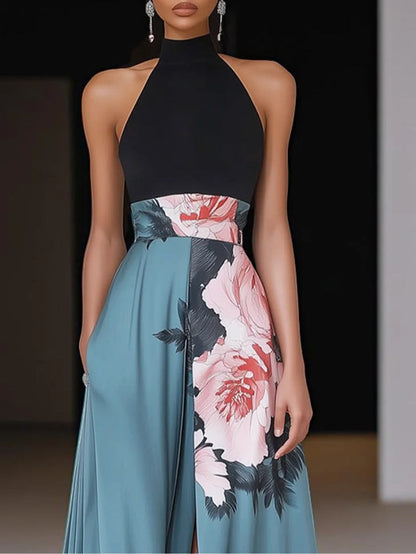 Selvara | Women's Black Slit Floral Classic Crew Neck Sleeveless A-Line Maxi Dress – Maxi, Floral Print