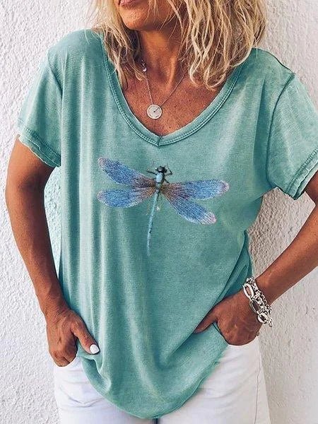Colette | Women's Dragonfly Print V-Neck Short Sleeve Casual Tee – V-Neck, Short Sleeve