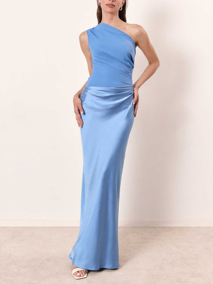 Denise | Women's Elegant One Shoulder Neck Pleated Party Maxi Dress – Maxi, Pleated