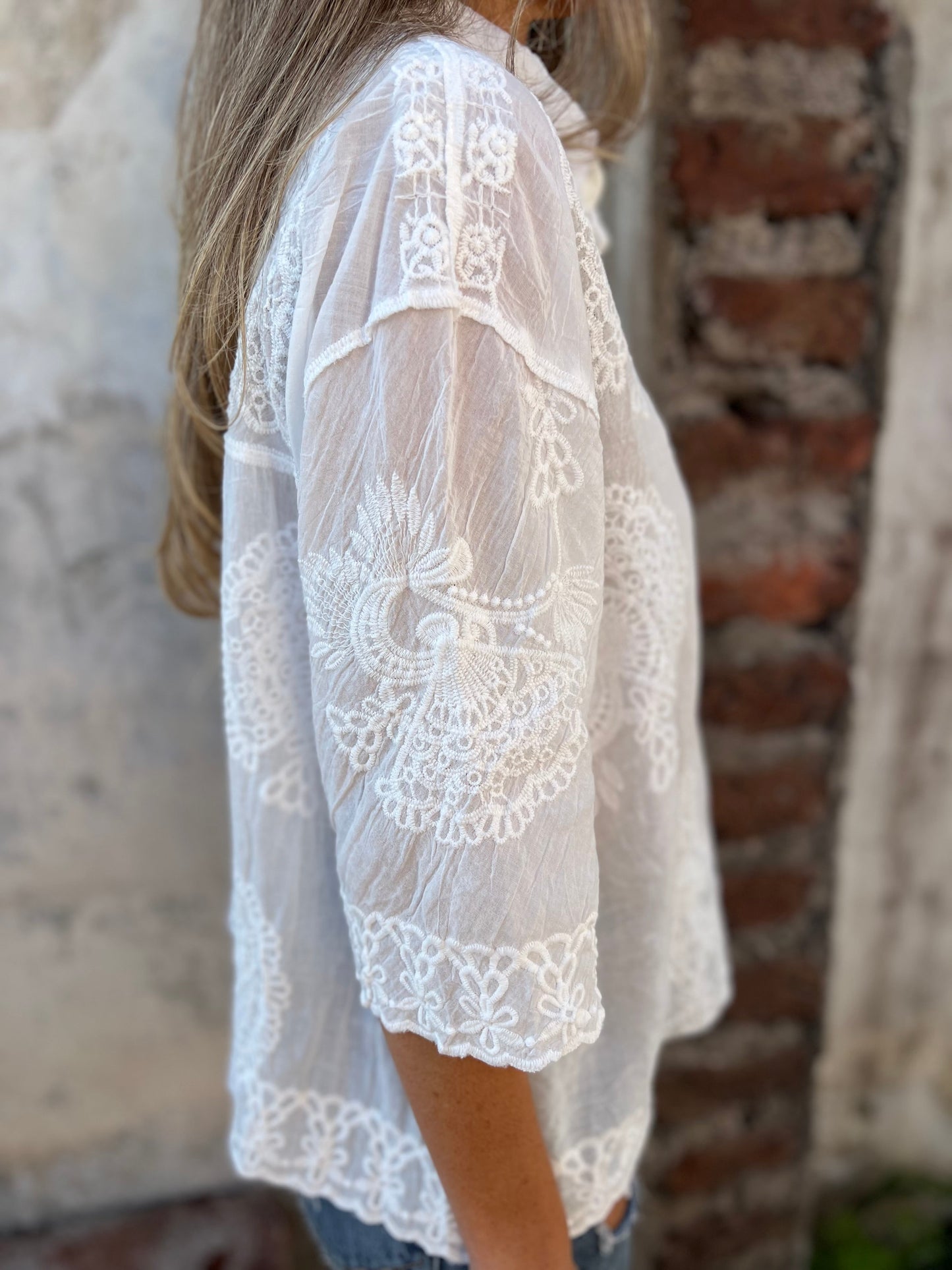 Seraphina | Women's Lace Embroidered Blouse Button Down 3/4 Sleeve – Lace Detail, Casual