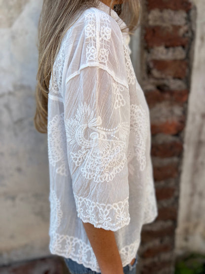 Seraphina | Women's Lace Embroidered Blouse Button Down 3/4 Sleeve – Lace Detail, Casual