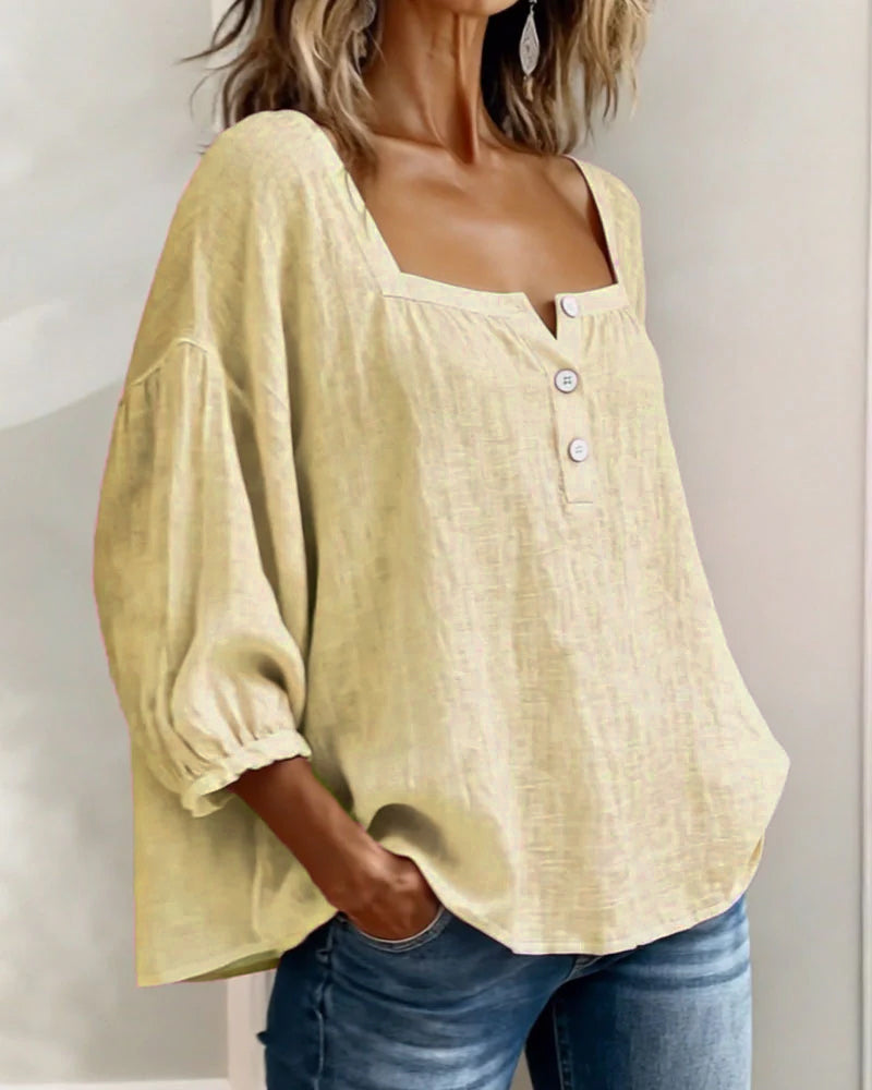 Angelina | Women's Square Neck Blouse 3/4 Puff Sleeve Button Top – Casual