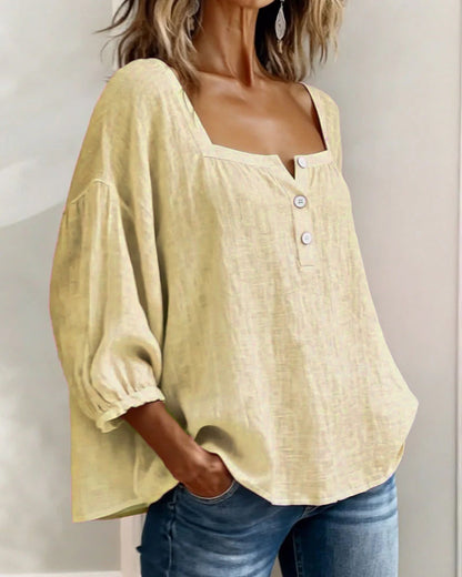 Angelina | Women's Square Neck Blouse 3/4 Puff Sleeve Button Top – Casual