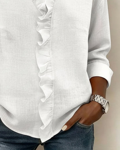 Robin | Women's Ruffle V-Neck Long Sleeve Blouse Spring Top – V-Neck, Long Sleeve
