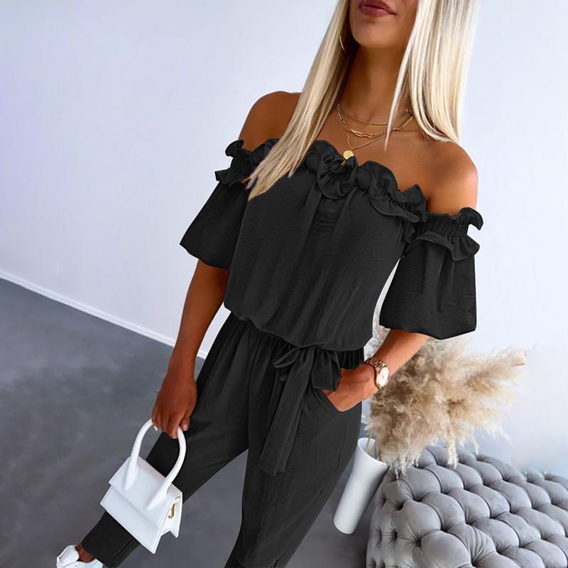 Melissa | Women's Chic Off Shoulder Frill Tie-Waist Jumpsuit – Off-Shoulder, One-Piece