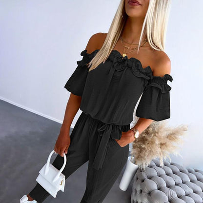 Melissa | Women's Chic Off Shoulder Frill Tie-Waist Jumpsuit – Off-Shoulder, One-Piece