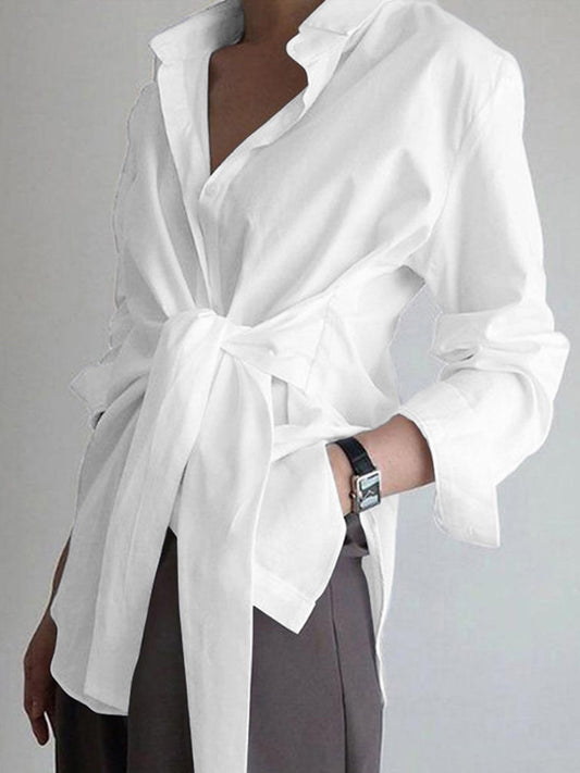 Eliza | Women's Tie Waist Button Down Long Sleeve Shirt Blouse – Long Sleeve, Casual