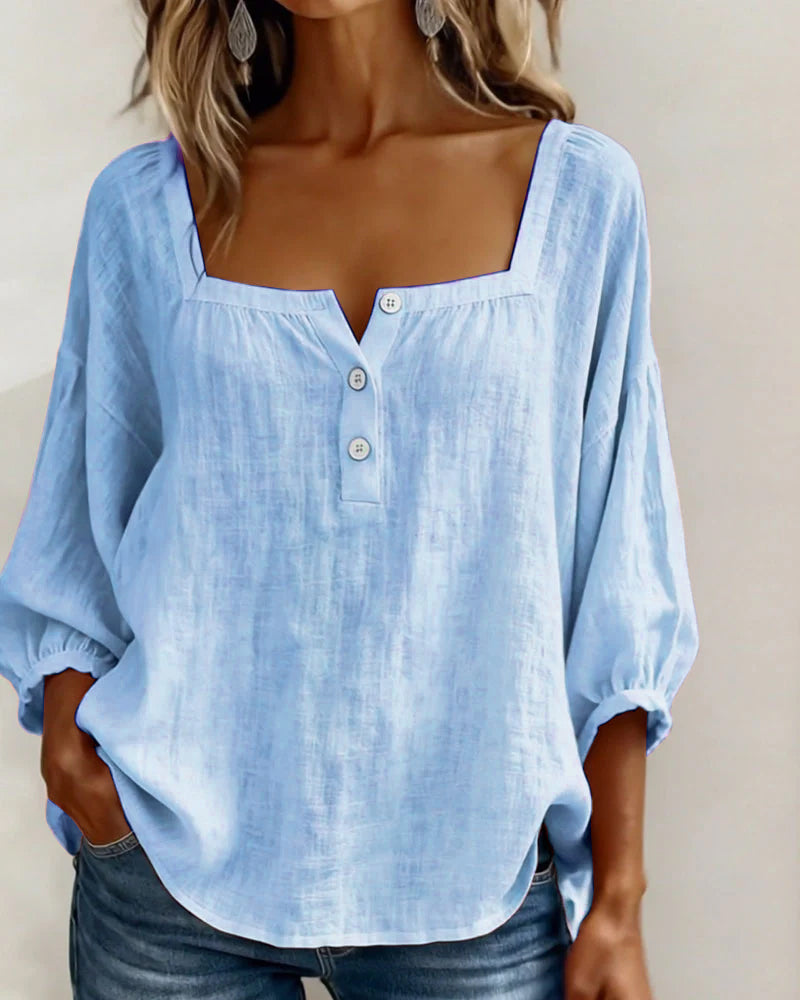 Angelina | Women's Square Neck Blouse 3/4 Puff Sleeve Button Top – Casual