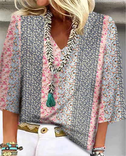 Noy | Women's Ditsy Floral Patchwork V-Neck 3/4 Sleeve Top – Floral Print, V-Neck