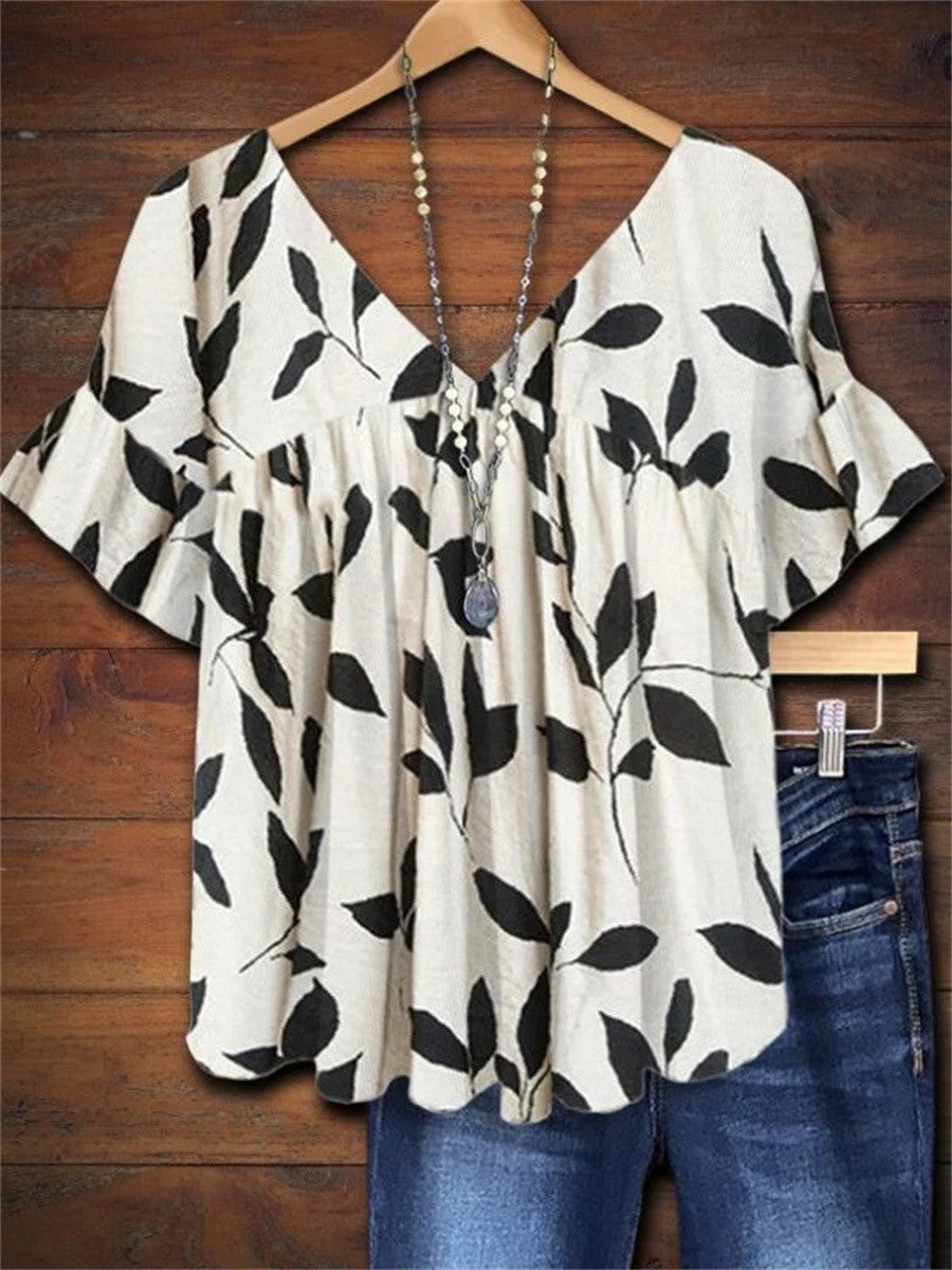 Gia | Women's Leaf Print V-Neck Ruffle Short Sleeve Blouse – V-Neck, Short Sleeve