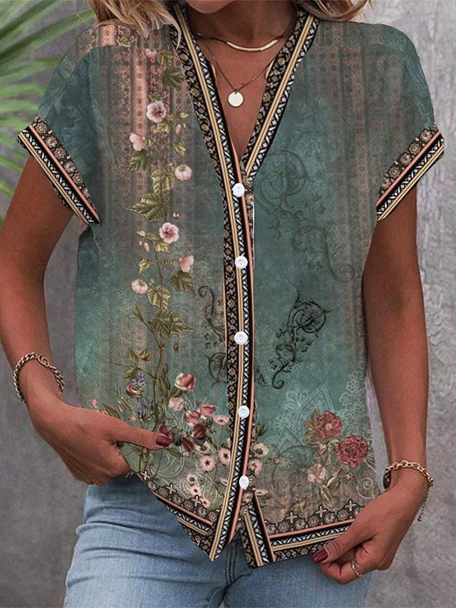 Leah | Women's Vintage Floral Print V-Neck Button-Down Blouse – Floral Print, V-Neck