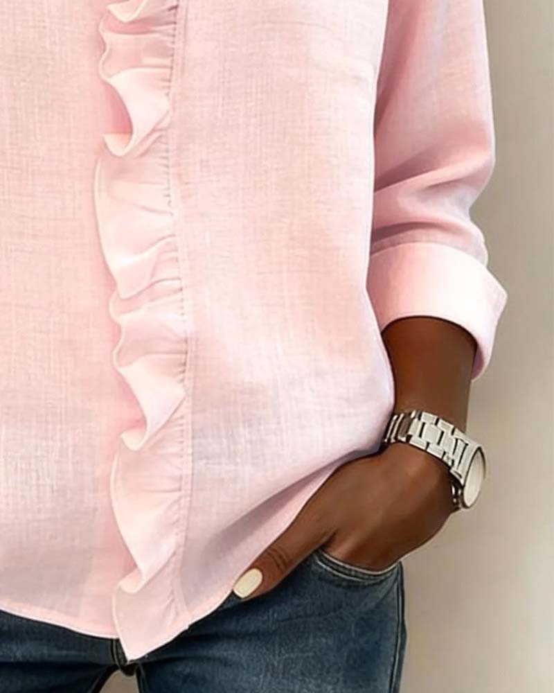 Robin | Women's Ruffle V-Neck Long Sleeve Blouse Spring Top – V-Neck, Long Sleeve