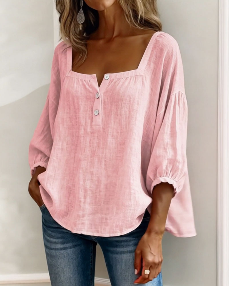 Angelina | Women's Square Neck Blouse 3/4 Puff Sleeve Button Top – Casual