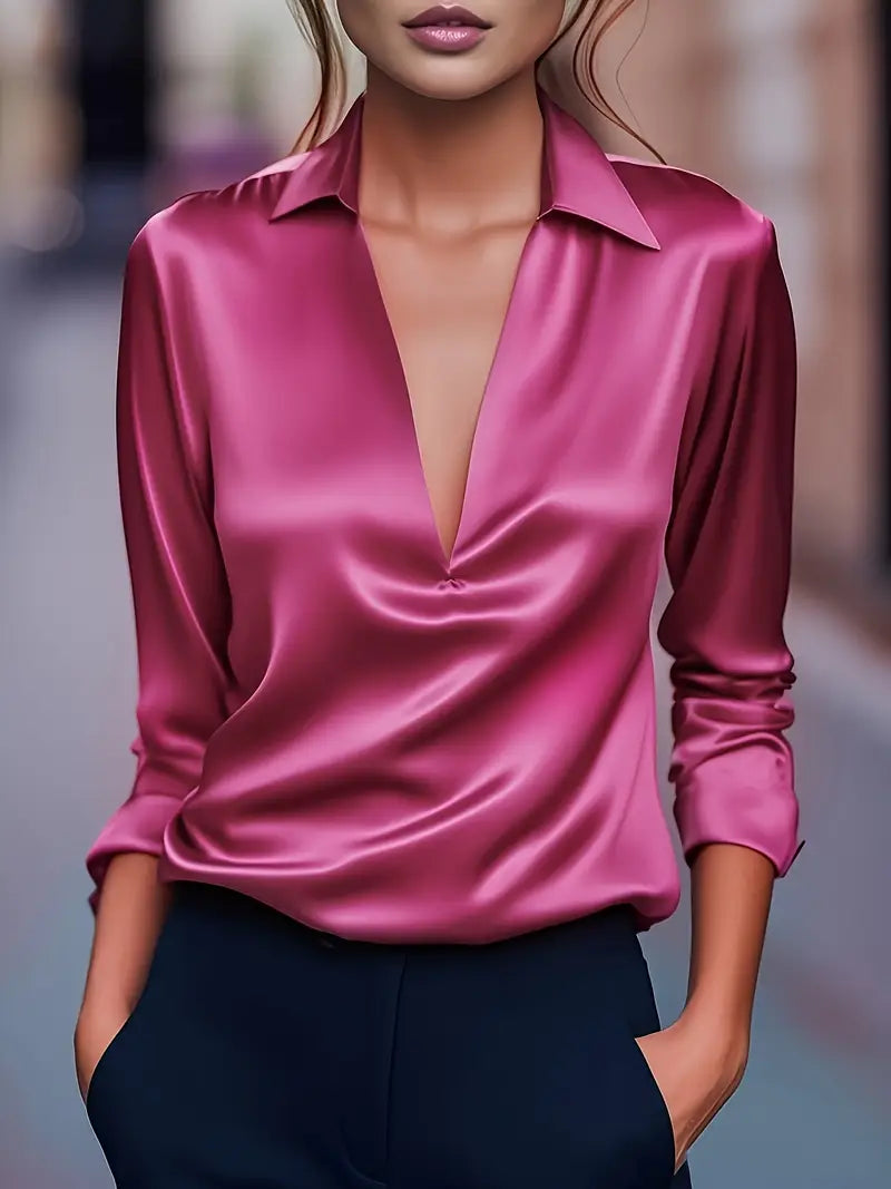 Kathy | Women's Premium V-Neck Satin Blouse – V-Neck, Satin