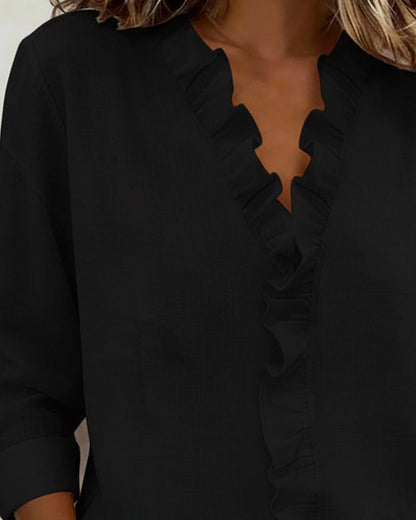Robin | Women's Ruffle V-Neck Long Sleeve Blouse Spring Top – V-Neck, Long Sleeve