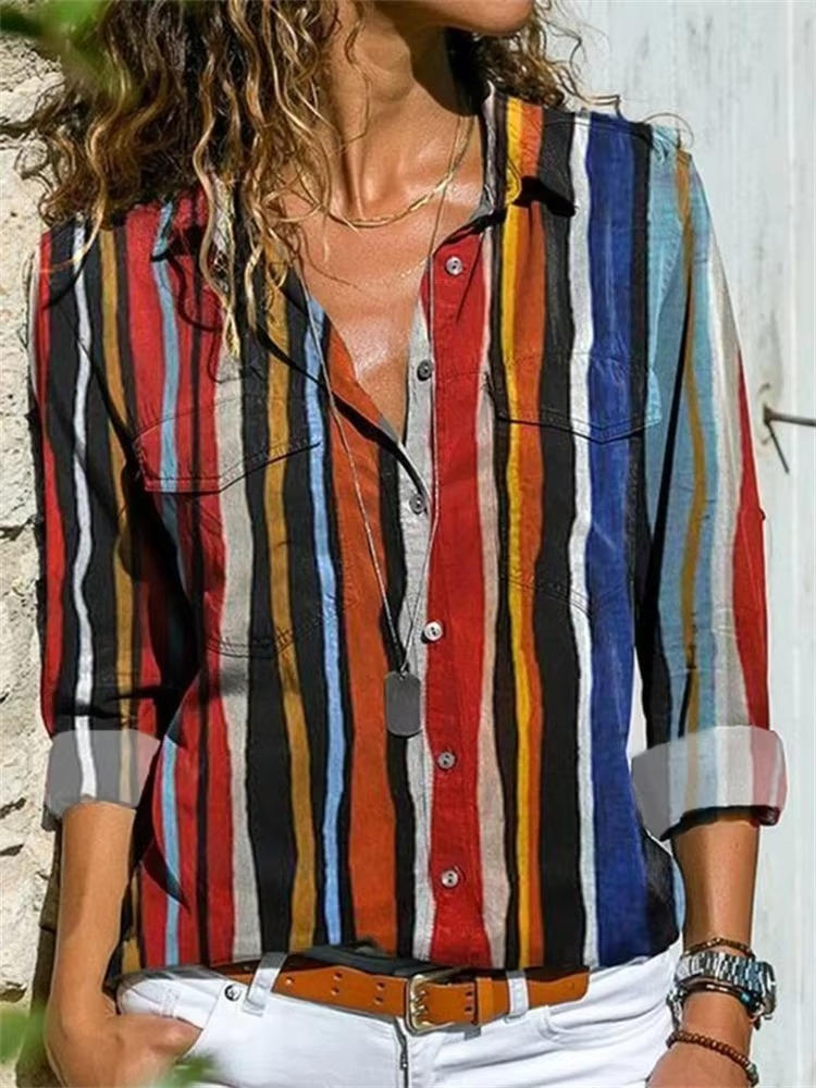Cherry | Women's Geometric Print Long Sleeve Button Down Shirt – Long Sleeve, Classic